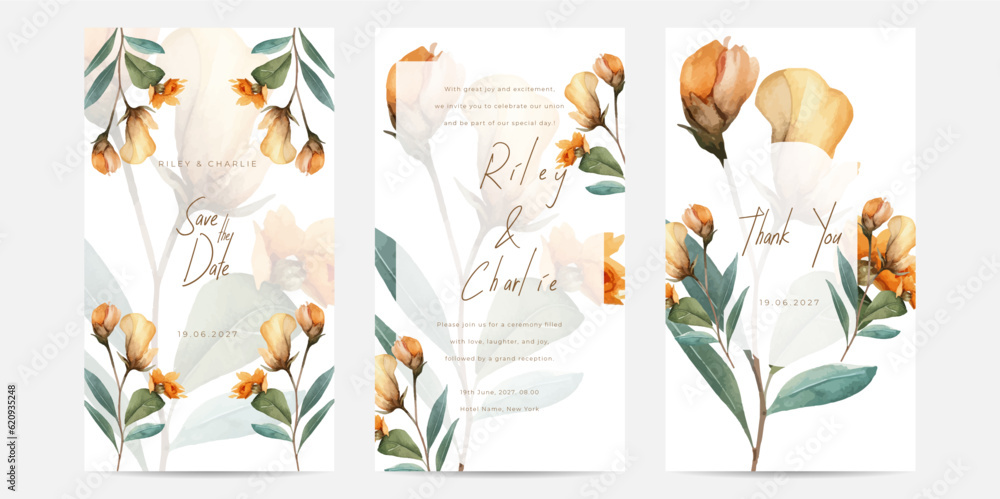 Arrangement of orange tulip flowers and leaves at corner frame hand painting on wedding invitation card. Beautiful wedding card invitation.