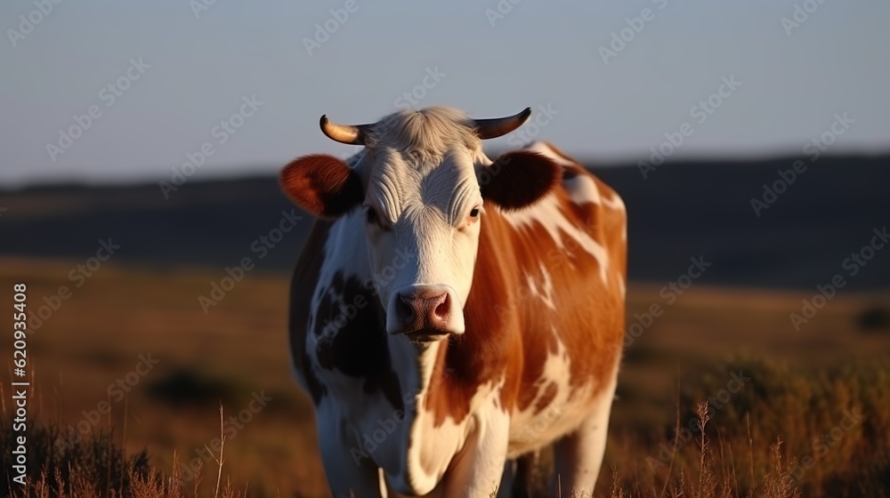 white-red cow stands in a field at sunset, blurred background. generated ai