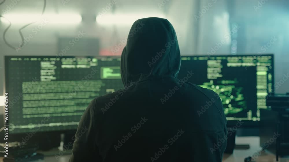 Mysterious cyber security hacker in hoodie in headquarter with computers