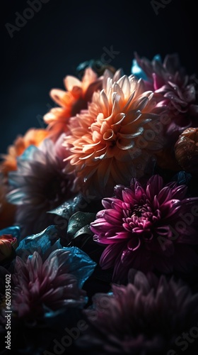 vertical image of a bouquet of abstract bright flowers in a dark key. generated ai © Маргарита Вайс