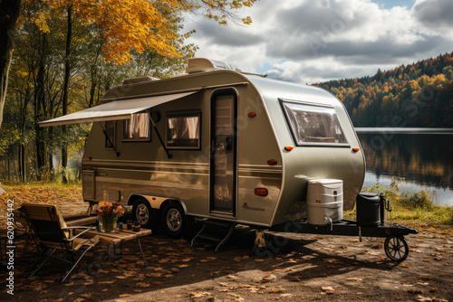 Trailer of mobile home, or recreational vehicle standing on the shore of a pond. Camping in the nature, and family travel concept.