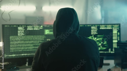 Mysterious cyber security hacker in hoodie in headquarter with computers