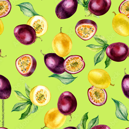 Various passion fruits on leaf watercolor seamless pattern isolated on green. Purple tropical whole  sliced maracuja hand drawn. Design for wrapping  package  textile  background  paper  tableware