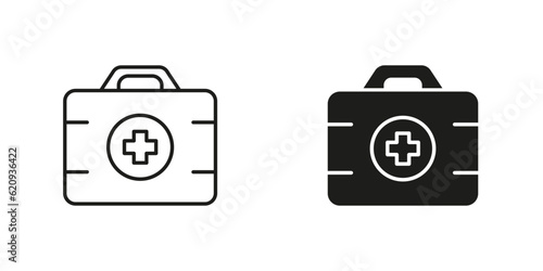 First Aid Kit Line and Silhouette Black Icon Set. Medicine Tools Box Sign. Medication Help Suitcase Symbol Collection. Doctor's Medical Emergency Case Pictogram. Isolated Vector Illustration