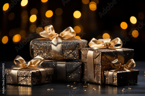 A group of gold wrapped presents with bows and ribbons. 
