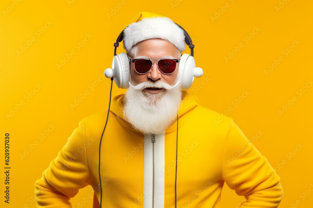 Funky crazy Santa Claus dj headset sing song sound melody listen music on yellow background. AI Generated Funky crazy Santa Claus dj headset sing song sound melody listen music on yellow background. AI Generated