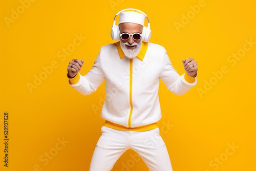 Funky crazy Santa Claus dj headset sing song sound melody listen music on yellow background. AI Generated photo