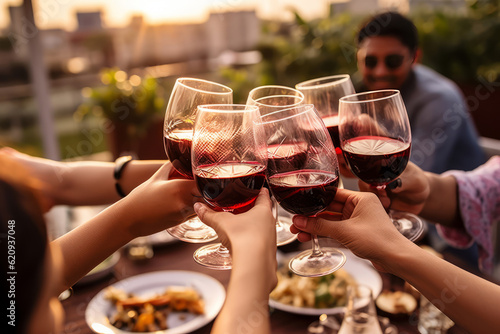 Group of young people hands toasting red wine at rooftop party. AI Generated