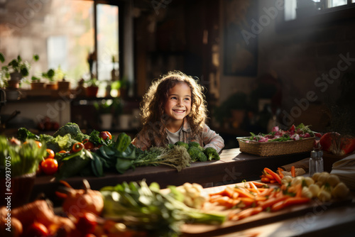 Happy child looking at box full of vegetables on kitchen table. AI Generated © AI_images_for_people