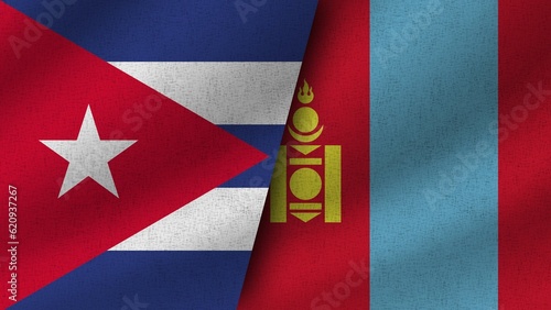 Mongolia and Cuba Realistic Two Flags Together, 3D Illustration