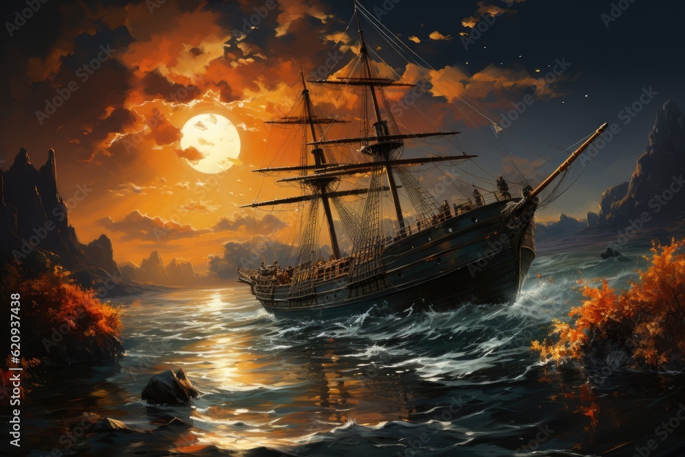 Obraz premium Ancient ship in the sea. Generative AI