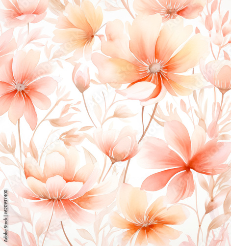 Floral seamless pattern with orange and pink flowers on white background. © Saulo Collado