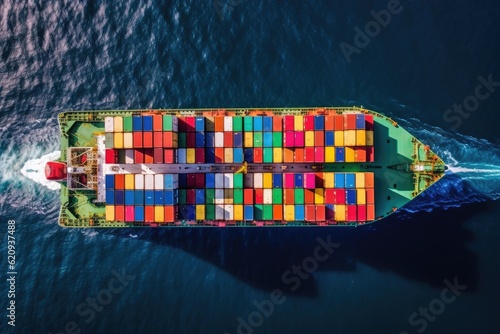 Aerial top view of a cargo ship carrying containers for export cargo. Generative AI