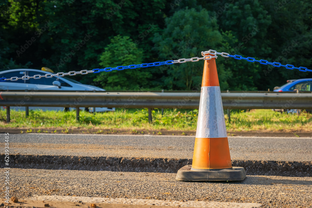 Roadworks cones on motorway in england uk