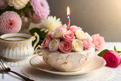 birthday cake with candle and flowers generated by AI tool © Muhammad