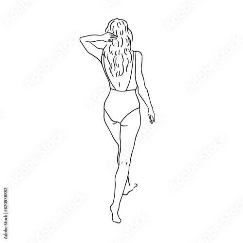 Woman in a bathing suit. One line vector drawing. Portrait minimalistic style. Nature symbol of cosmetics. Modern continuous line art. Fashion print.Modern