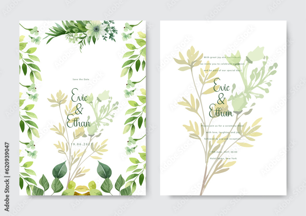 Wedding invitation card template set with green leaves and watercolor background
