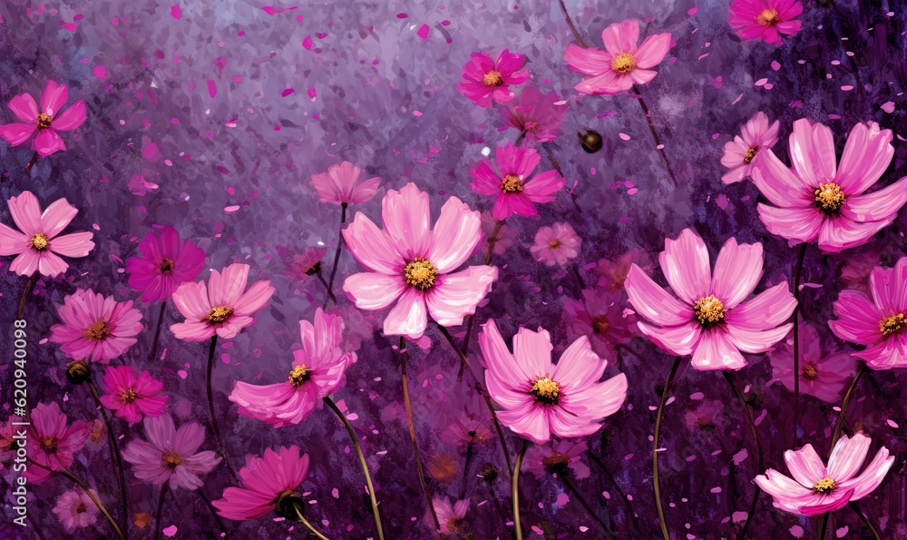  a painting of pink flowers on a purple background with a bee.  generative ai