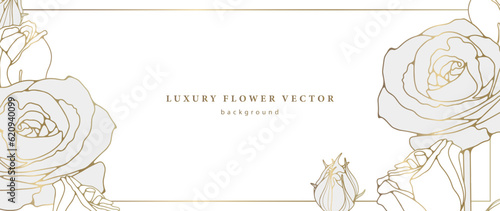 Minimalistic white card with golden roses and buds. Floral background for text and photos, diplomas, business cards, presentations and wedding invitations