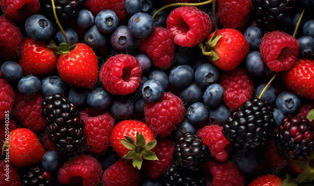 a bunch of berries and raspberries are piled together. generative ai a bunch of berries and raspberries are piled together. generative ai