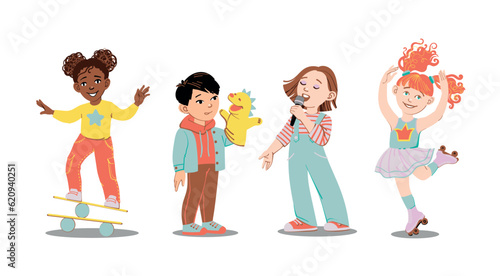 School kids performs in talent show. Girl singing, Boy acting with puppet, young dancer on roller skates and girl with balancing skills. Vector cartoon illustration isolated on white background 