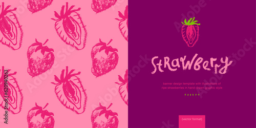 Red strawberry pattern seamless, strawberries illustration for fabric ornament, textile design. Hand drawn vector berry. Juice or jam label design. Bright pink berries background. Strawberry backdrop.