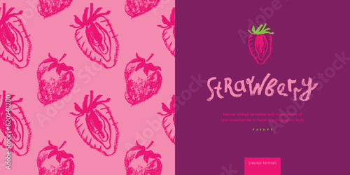 Red strawberry pattern seamless, strawberries illustration for fabric ornament, textile design. Hand drawn vector berry. Juice or jam label design. Bright pink berries background. Strawberry backdrop.
