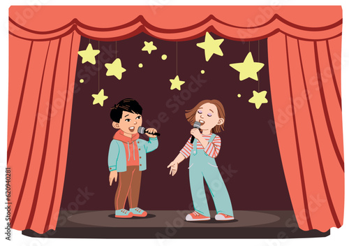 A girl and a boy singing together unison on a stage with red curtains. For school talent show advertising, banner, website. Vocal classes announcement.