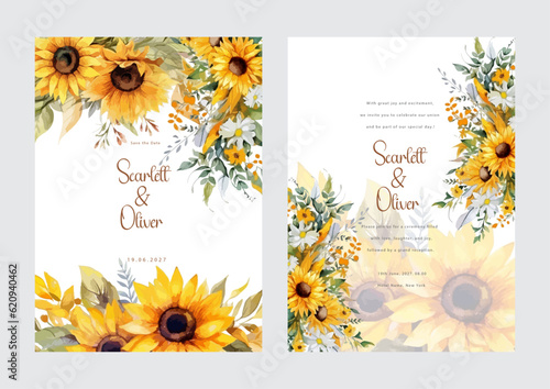Yellow sunflower wedding invitation card with watercolor floral decoration and abstract background