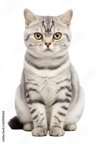 A cute American Shorthair cat with green eyes, light fur, isolated, white background, generative ai © Teppi