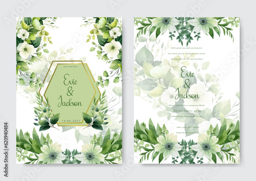 Jasmine frame with floral watercolor background of wedding invitation. Garden wedding card.