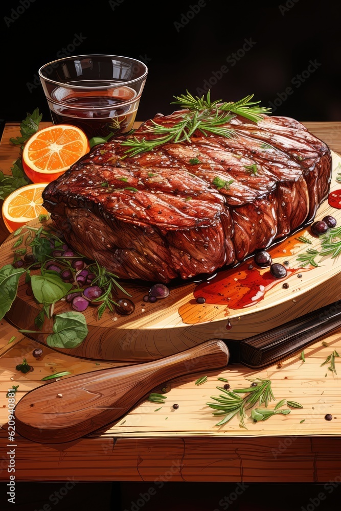 The cooking includes beef rib eye steak with herbs and spices accompanied by mignon tenderloin meat. (Illustration, Generative AI) The cooking includes beef rib eye steak with herbs and spices accompanied by mignon tenderloin meat. (Illustration, Generative AI)