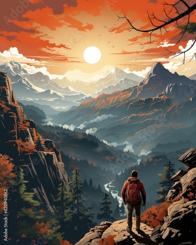 A hiker admiring a breathtaking panoramic view atop a majestic mountain. (Illustration, Generative AI)