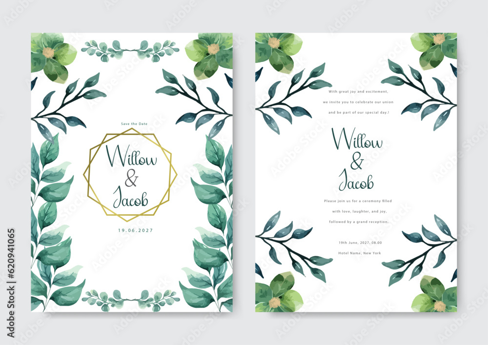 Elegant wedding invitation card with beautiful green floral and leaves template