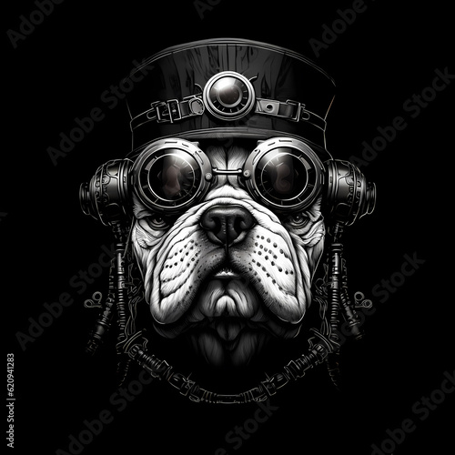bulldog wearing steampunk hat and google glasses