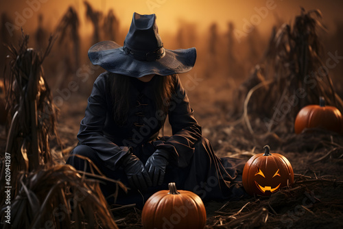 Fotografiet witch sitting in a corn field next to a halloween pumpkin