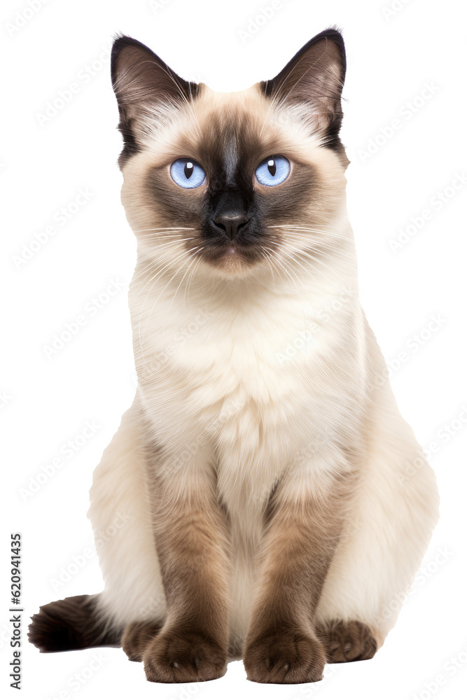 A cute Balinese cat with blue eyes, light fur, isolated, white background, generative ai