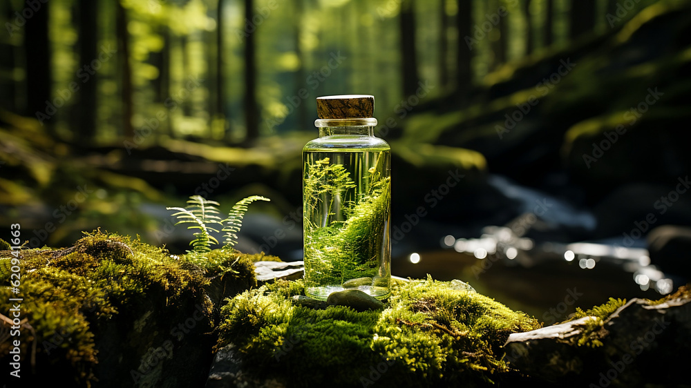 Clear bottle in the forest - Generative AI Clear bottle in the forest - Generative AI