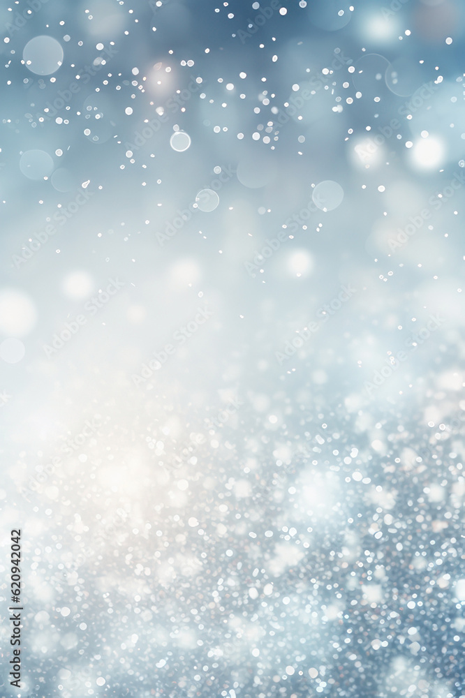 Abstract silver background with bokeh and sparkles, festive vertical backdrop. AI generative.