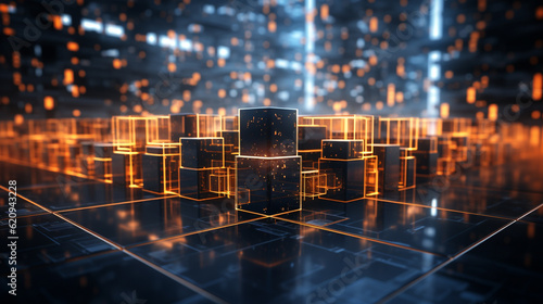 3d rendering of abstract digital city with glowing cubes on dark background © Jharna
