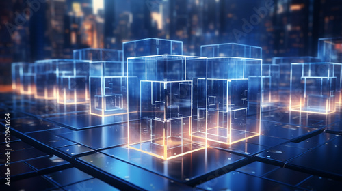 3D rendering of virtual cubes on the background of the night city