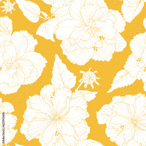 Seamless pattern of terry hibiscus on yellow background.  Hibiscus is changeable background. Floral print for fabric, wallpaper, wrapping paper, home decor and other designs.