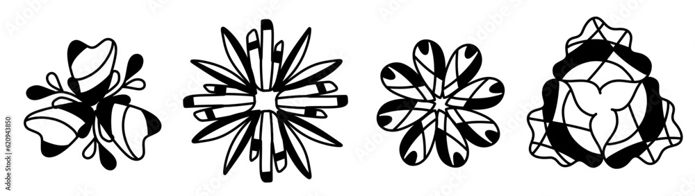 Set with abstract flowers in hand drawn outline style. Vector illustration