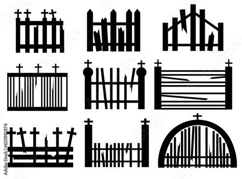 Set with spooky broken fence in simple silhouette style. Vector Halloween illustration
