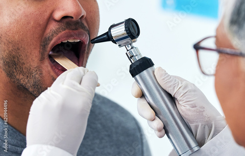Cuadro en lienzo Medical, consulting and doctor with mouth of person and check for cancer, dentist or surgery