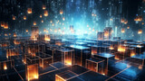 Abstract technology background with glowing cubes. 3d rendering toned image double exposure