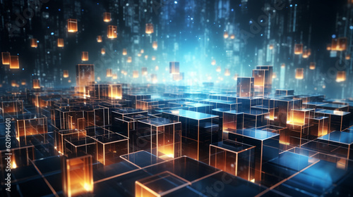 Abstract technology background with glowing cubes. 3d rendering toned image double exposure © Jharna