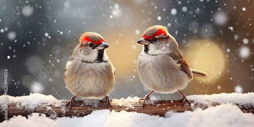 Two funny little birds sitting on a branch during a heavy snowfall, Sparrows sit on a branch in winter, generative AI