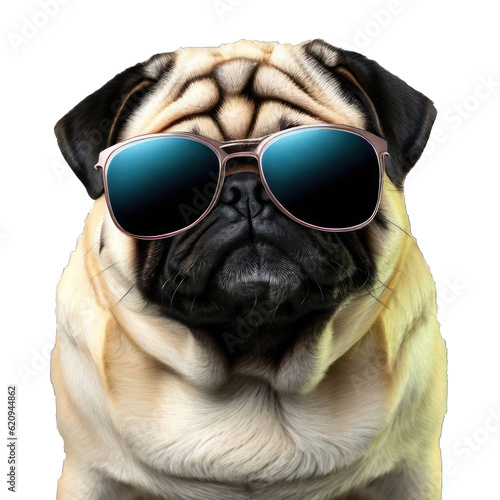 Pug wearing cool sunglasses on a transparent background.Generative AI