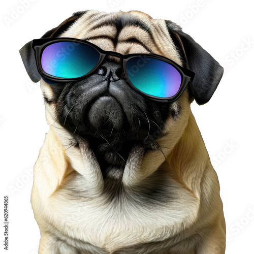 Pug wearing cool sunglasses on a transparent background.Generative AI